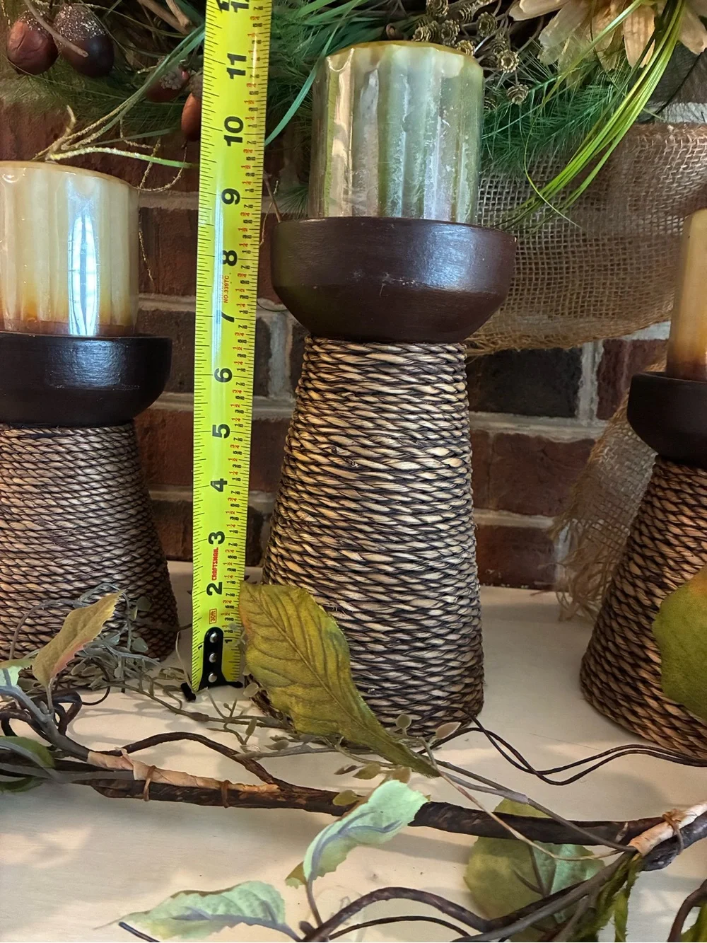 Rustic Woven Rope Candle Holder Set of Three - with Candles